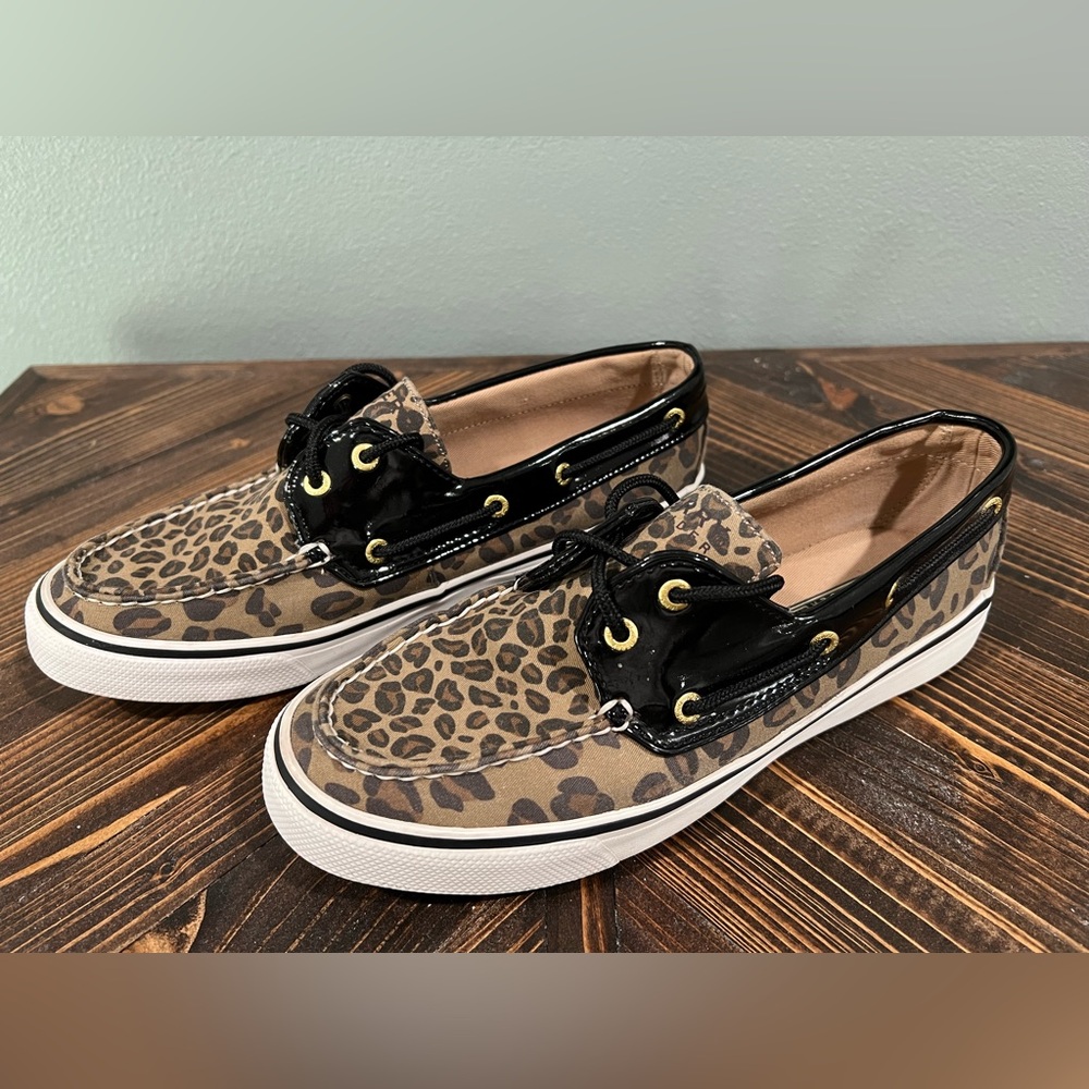 Sperry Topsiders Biscayne Leopard Print Patent Trimmed Boat Shoes